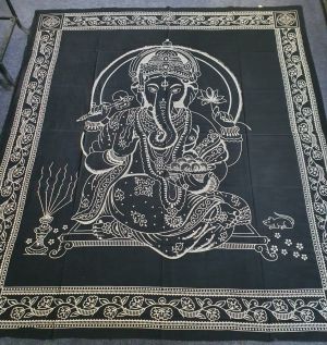Handprinted Hanging/Bedspread Ganesh Black+White