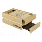 Drawer Style Sift Box- Small. It measures 4” x 6” x 2.5” and it’s made from beech wood. The screen mesh size is 120 (125 microns). The slide-out tray has dark-colored tempered glass which allows you to easily see your trichomes.