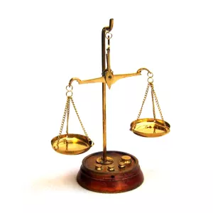 Indian Wood and Brass Balance Scales with Weights