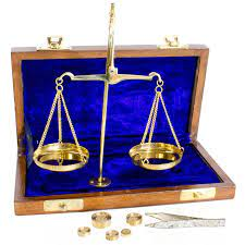 Nickel Balance Scales in Wooden Box with Brass Weights