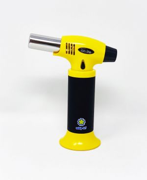 6" butane torch lighter Adjustable flame and safety switch Rubberized handle coating for comfort and grip Flat-bottomed stand for hands-free use