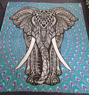 Handprinted Hanging/Bedspread Decorated Elephant Blue+Purple