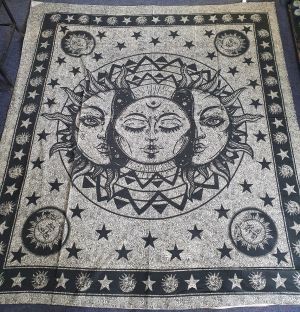 Handprinted Hanging/Bedspread Sun, Moon and Stars Bl+W