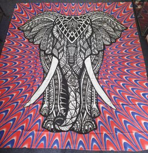 Handprinted Hanging/Bedspread Decorated Elephant Red+Blue
