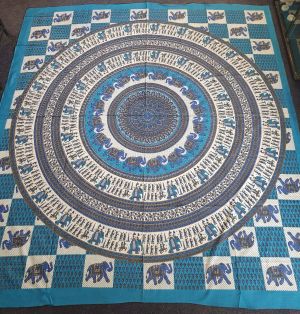 Handprinted Hanging/Bedspread Elephant Circle Light Blue