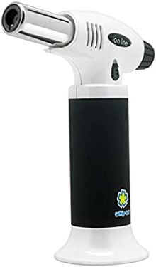 6" butane torch lighter Adjustable flame and safety switch Rubberized handle coating for comfort and grip Flat-bottomed stand for hands-free use
