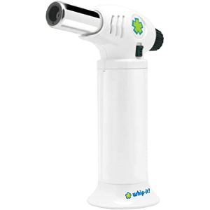 6" butane torch lighter Adjustable flame and safety switch Rubberized handle coating for comfort and grip Flat-bottomed stand for hands-free use